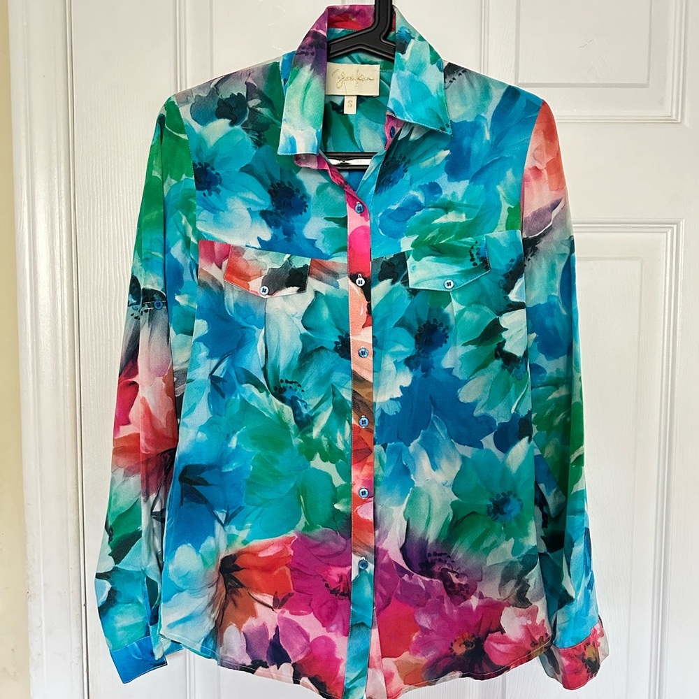 Yumi Kim 100% Silk Flower Print Button Down Blouse Sz Small
